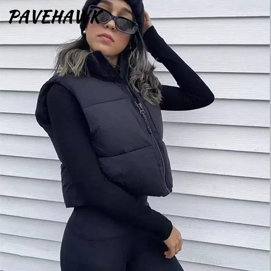Women Short Cotton Down Vest Sleeveless Warm Stand Up Collar Outerwear Casual Winter Loose Basic Thick Jacket Female Clothes