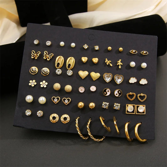 40Pcs/Set Gold Color Earring Set Vintage Butterfly Heart Pearl Crystal Stud Earrings for Women Korean 2024 Brincos Jewelry Gift