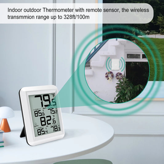 Smart Wireless Digital Thermometer- Indoor/Outdoor Temp Monitor with Min/Max Records 100m Range Wall Mountable for Home Office