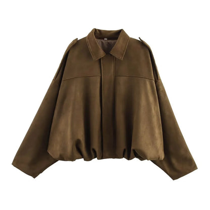 Women's Army Elegant Bomber Jackets Coats Fashion Turn-down Collar Long Sleeve Loose Coats Vintage Female Outerwear Chic Tops