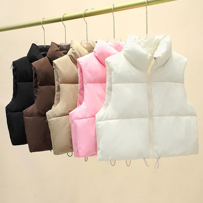 Women Short Cotton Down Vest Sleeveless Warm Stand Up Collar Outerwear Casual Winter Loose Basic Thick Jacket Female Clothes