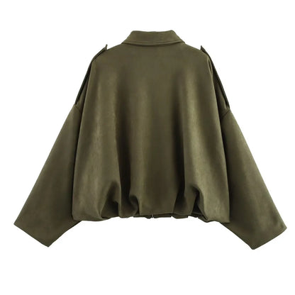 Women's Army Elegant Bomber Jackets Coats Fashion Turn-down Collar Long Sleeve Loose Coats Vintage Female Outerwear Chic Tops