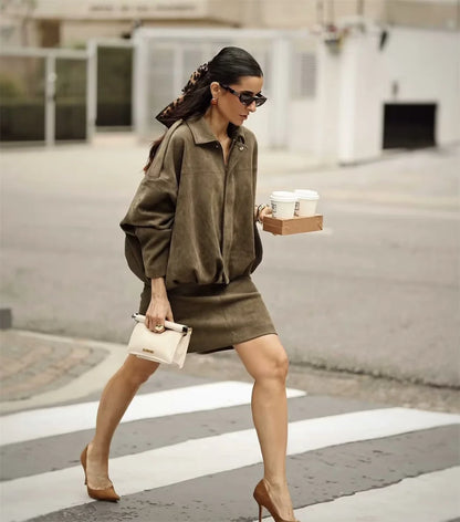 Women's Army Elegant Bomber Jackets Coats Fashion Turn-down Collar Long Sleeve Loose Coats Vintage Female Outerwear Chic Tops