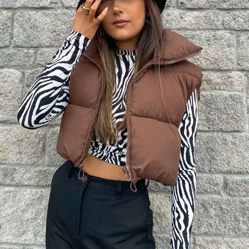 Women Short Cotton Down Vest Sleeveless Warm Stand Up Collar Outerwear Casual Winter Loose Basic Thick Jacket Female Clothes