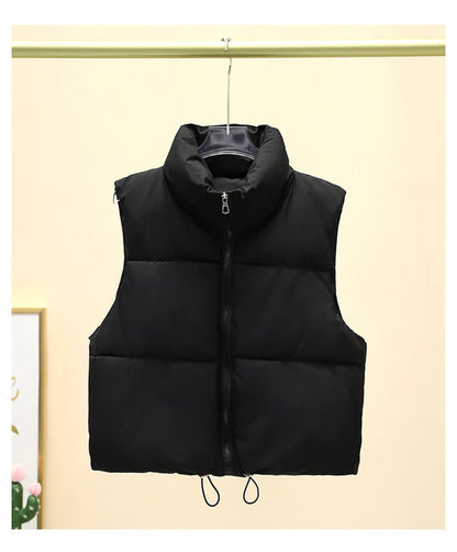 Women Short Cotton Down Vest Sleeveless Warm Stand Up Collar Outerwear Casual Winter Loose Basic Thick Jacket Female Clothes