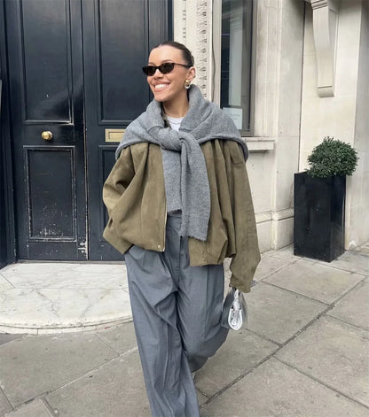 Women's Army Elegant Bomber Jackets Coats Fashion Turn-down Collar Long Sleeve Loose Coats Vintage Female Outerwear Chic Tops