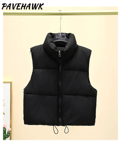 Women Short Cotton Down Vest Sleeveless Warm Stand Up Collar Outerwear Casual Winter Loose Basic Thick Jacket Female Clothes