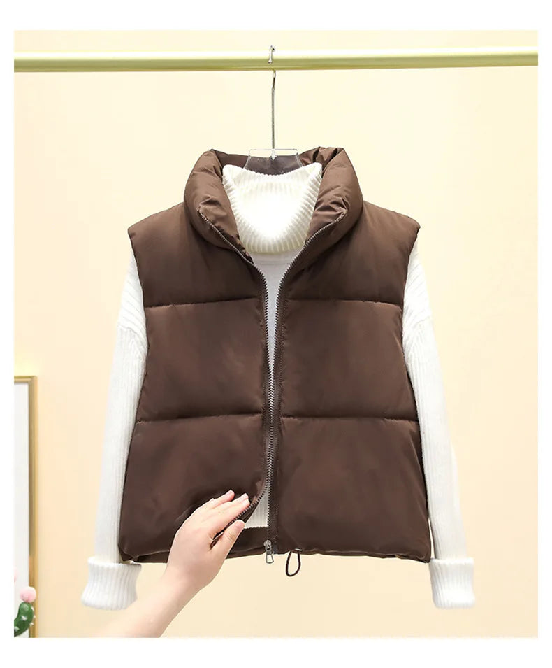 Women Short Cotton Down Vest Sleeveless Warm Stand Up Collar Outerwear Casual Winter Loose Basic Thick Jacket Female Clothes