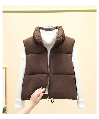 Women Short Cotton Down Vest Sleeveless Warm Stand Up Collar Outerwear Casual Winter Loose Basic Thick Jacket Female Clothes