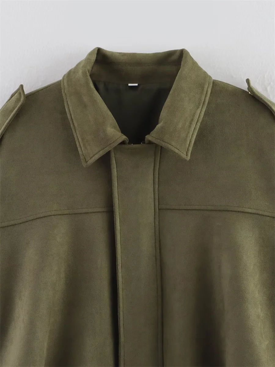 Women's Army Elegant Bomber Jackets Coats Fashion Turn-down Collar Long Sleeve Loose Coats Vintage Female Outerwear Chic Tops