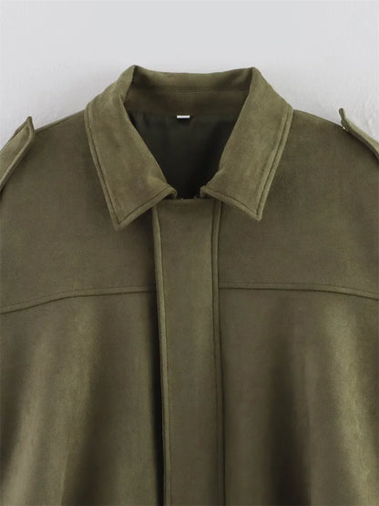 Women's Army Elegant Bomber Jackets Coats Fashion Turn-down Collar Long Sleeve Loose Coats Vintage Female Outerwear Chic Tops