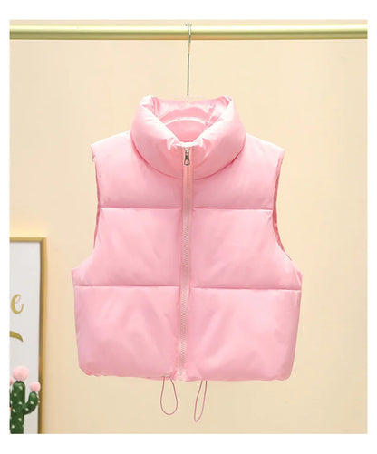 Women Short Cotton Down Vest Sleeveless Warm Stand Up Collar Outerwear Casual Winter Loose Basic Thick Jacket Female Clothes