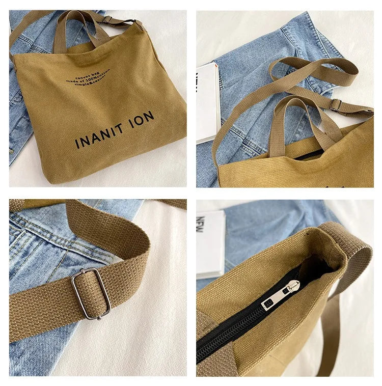 Japanese canvas men's and women's messenger bags, washed canvas thickened handbags, large-capacity trendy urban literature