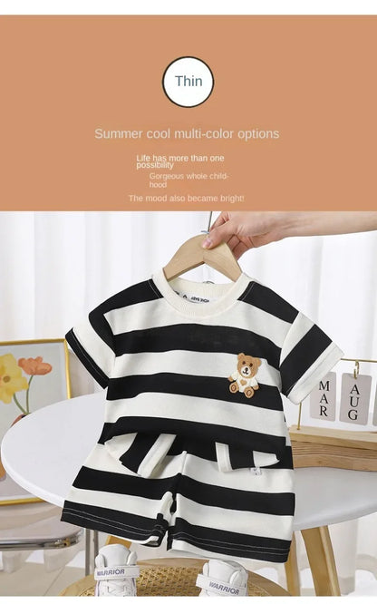 Summer Children Sets Boys Girls Short-sleeved Striped T-shirt +Shorts Set Babies Fashion Round Neck Tracksuits Kids Suits