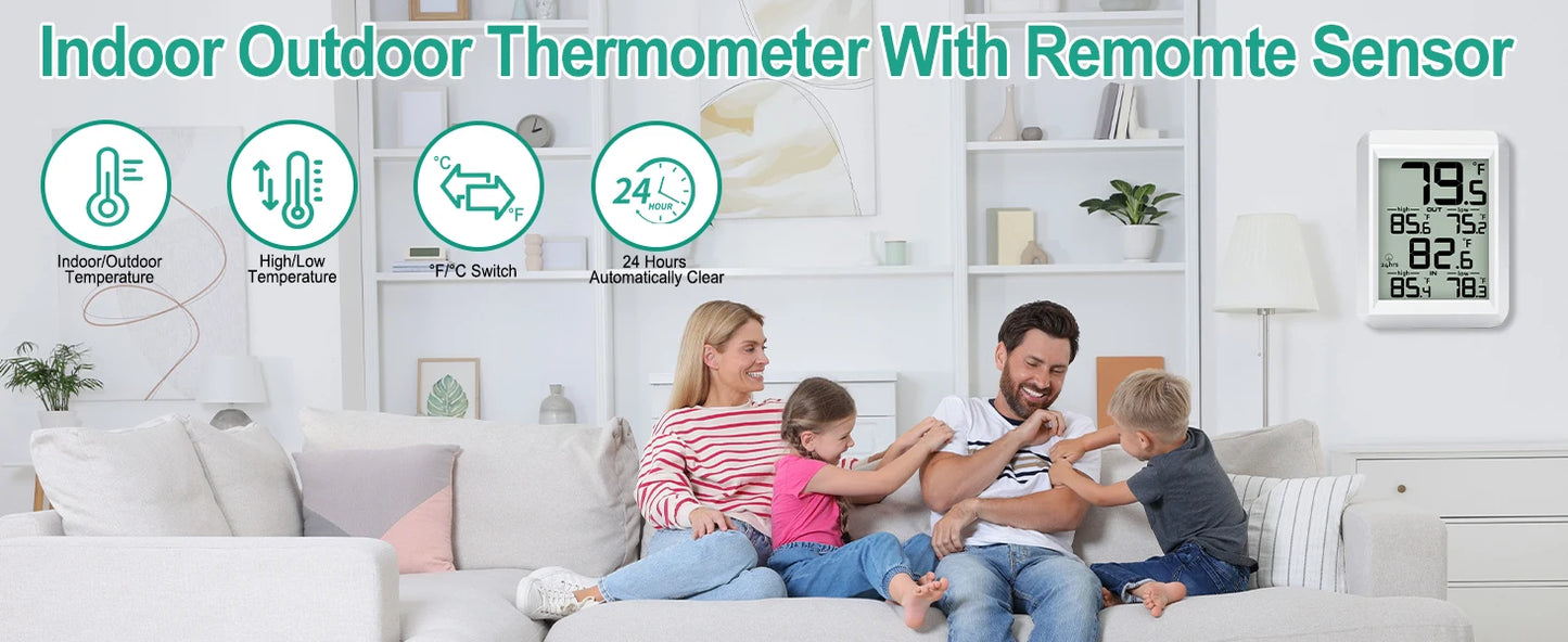 Smart Wireless  Digital Thermometer- Indoor/Outdoor Temp Monitor with Min/Max Records 100m Range Wall Mountable for  Home Office