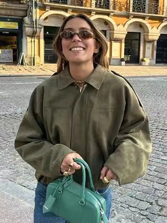 Vintage Women Green Oversize Bomber Jackets 2026 Fashion Ladies Elegant Loose Soft Outfits Jacket for Party Female Chic Clothes