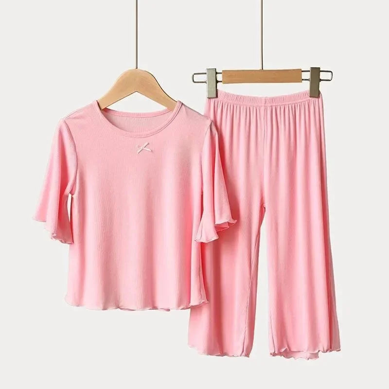 Girls Sets Summer Thin Children Short Sleeve Set Kids Homewear Clothes Girl Pure Color Pajamas Outfits