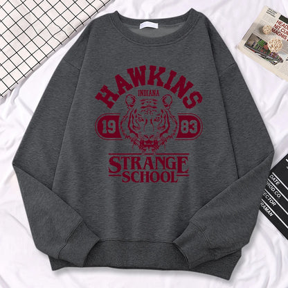 Casual Street Womens Sweatshirt Hawkins High School Indiana 1983 Printing Hoodies Loose Crewneck Pullovers Warm Fleece Clothes