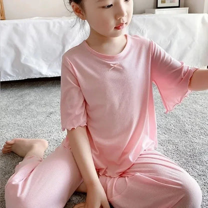 Girls Sets Summer Thin Children Short Sleeve Set Kids Homewear Clothes Girl Pure Color Pajamas Outfits