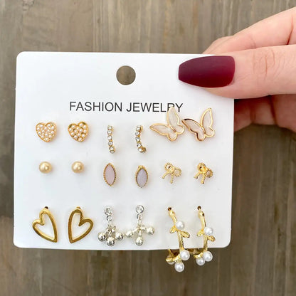 40Pcs/Set Gold Color Earring Set Vintage Butterfly Heart Pearl Crystal Stud Earrings for Women Korean  2024 Brincos Jewelry Gift