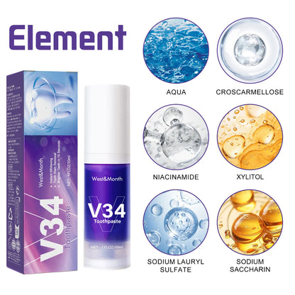 V34 Teeth Whitening Toothpaste 30ml Intensive Stain Remover for Yellow Teeth Plaque RemovalFresh Breath Oral Care Gum Protection