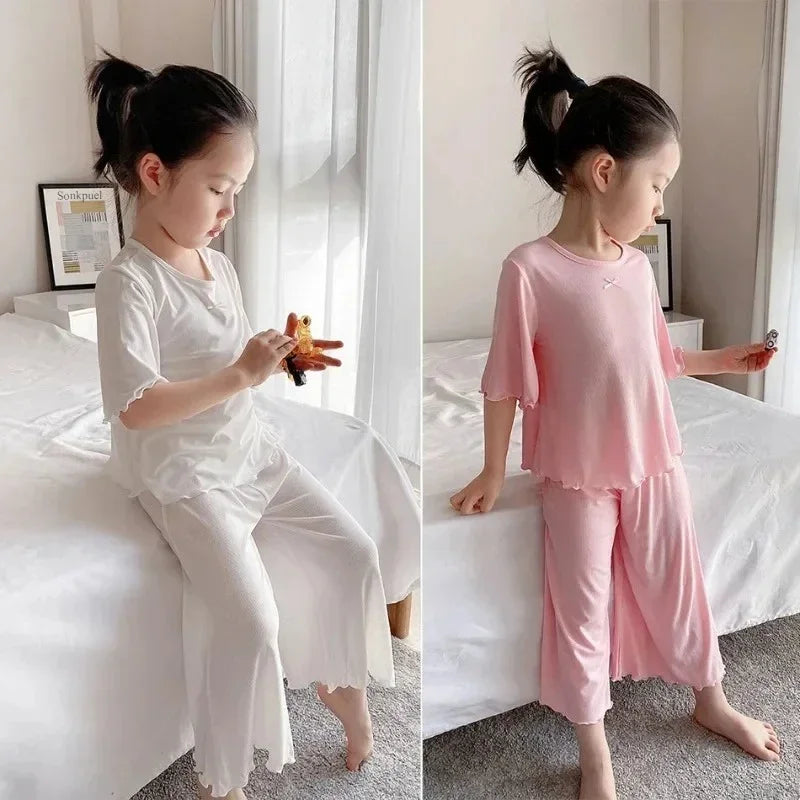 Girls Sets Summer Thin Children Short Sleeve Set Kids Homewear Clothes Girl Pure Color Pajamas Outfits