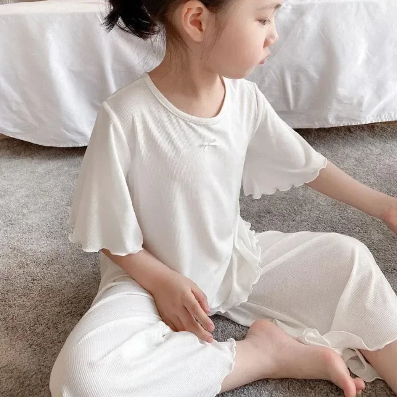 Girls Sets Summer Thin Children Short Sleeve Set Kids Homewear Clothes Girl Pure Color Pajamas Outfits