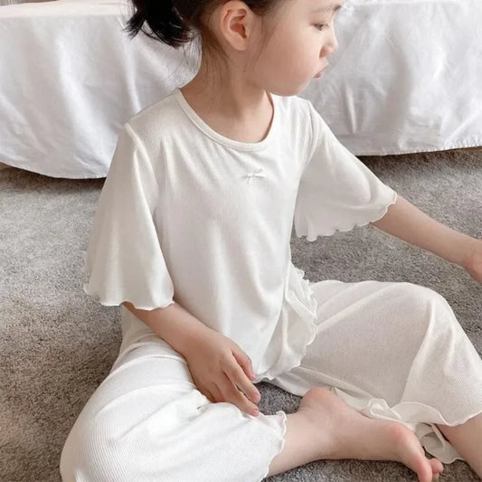 Girls Sets Summer Thin Children Short Sleeve Set Kids Homewear Clothes Girl Pure Color Pajamas Outfits