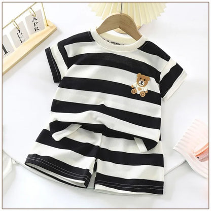 Summer Children Sets Boys Girls Short-sleeved Striped T-shirt +Shorts Set Babies Fashion Round Neck Tracksuits Kids Suits