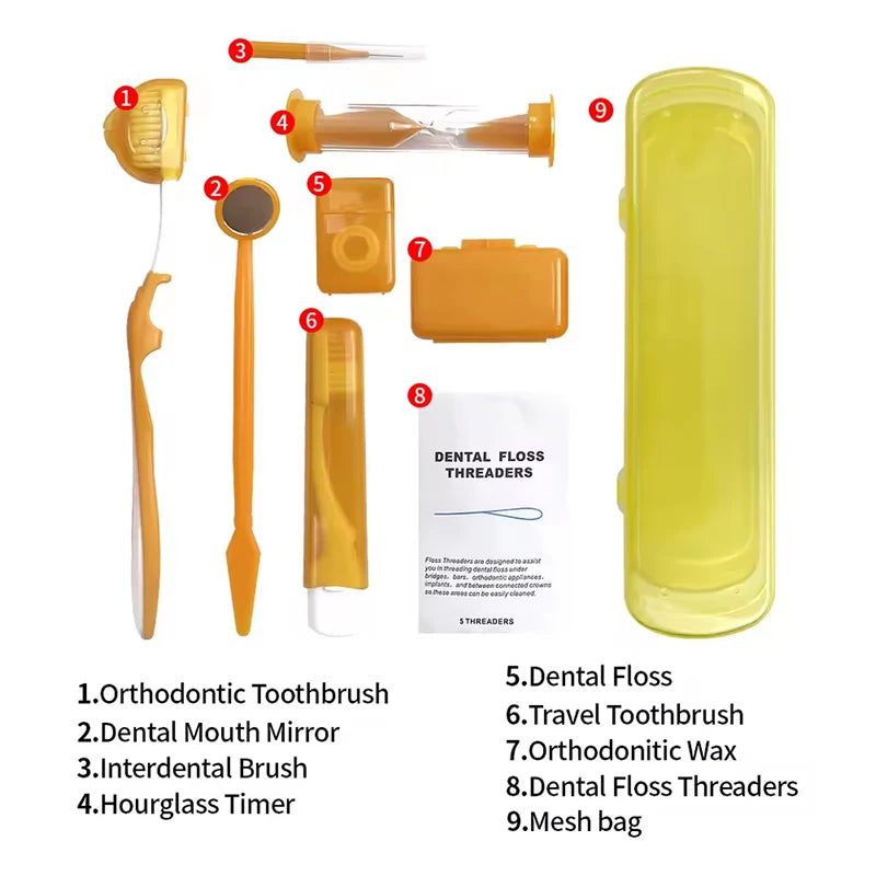 8pcs Orthodontic Oral Care Kit Dental Teeth Cleaning Whitening Tool Portable Travel Interdental Brush Mirror Floss Thread Suit
