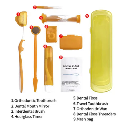 8pcs Orthodontic Oral Care Kit Dental Teeth Cleaning Whitening Tool Portable Travel Interdental Brush Mirror Floss Thread Suit