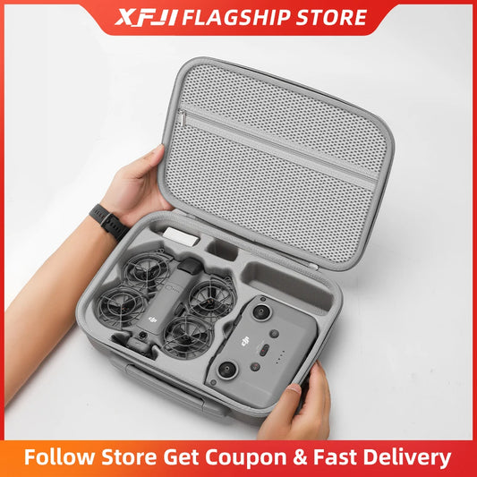 XFJI Travel Organizer Bag for DJI NEO 2 Drone Accessories Hard Shell PU Leather Case Fits RC-N3 Remote Protective Shoulder Pouch