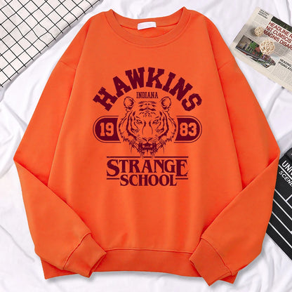 Casual Street Womens Sweatshirt Hawkins High School Indiana 1983 Printing Hoodies Loose Crewneck Pullovers Warm Fleece Clothes