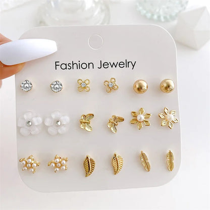 40Pcs/Set Gold Color Earring Set Vintage Butterfly Heart Pearl Crystal Stud Earrings for Women Korean  2024 Brincos Jewelry Gift