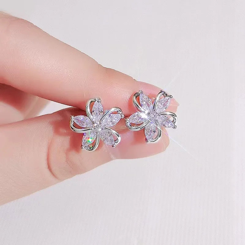 925 Silver Needle Korean Fashion Crystal Flower Earrings For Women Jewelry 2026 Trending New Luxury Zircon Flowers Stud Earrings