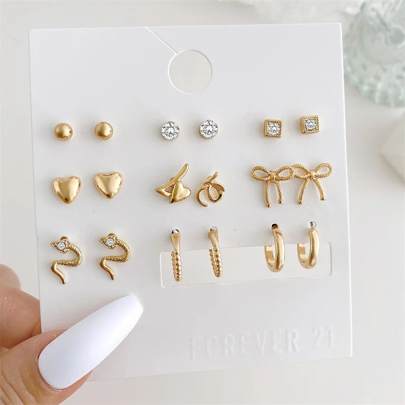 40Pcs/Set Gold Color Earring Set Vintage Butterfly Heart Pearl Crystal Stud Earrings for Women Korean  2024 Brincos Jewelry Gift