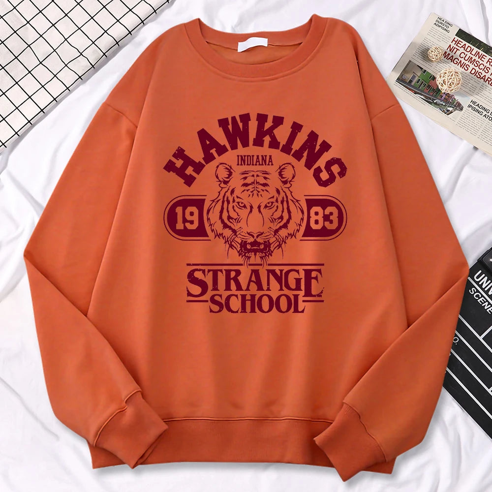 Casual Street Womens Sweatshirt Hawkins High School Indiana 1983 Printing Hoodies Loose Crewneck Pullovers Warm Fleece Clothes