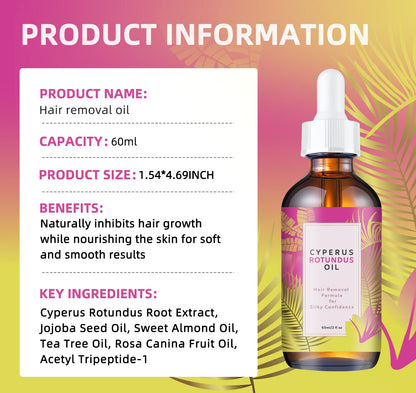 Natural Hair Growth Inhibitor Oil 60ml - Long-Lasting Reduction with Jojoba & Almond Oil for Smooth, Silky Skin, All Skin Types.